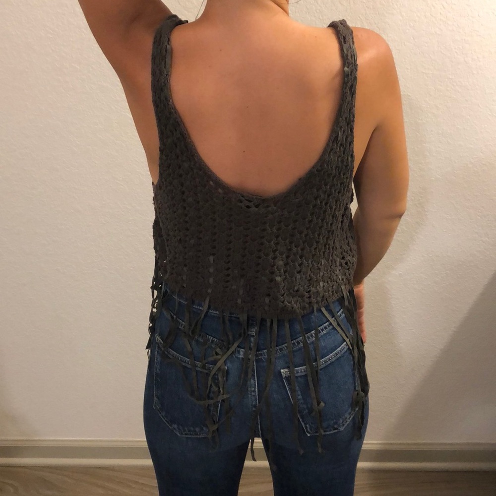 Weaved/ fringe dark green tank top